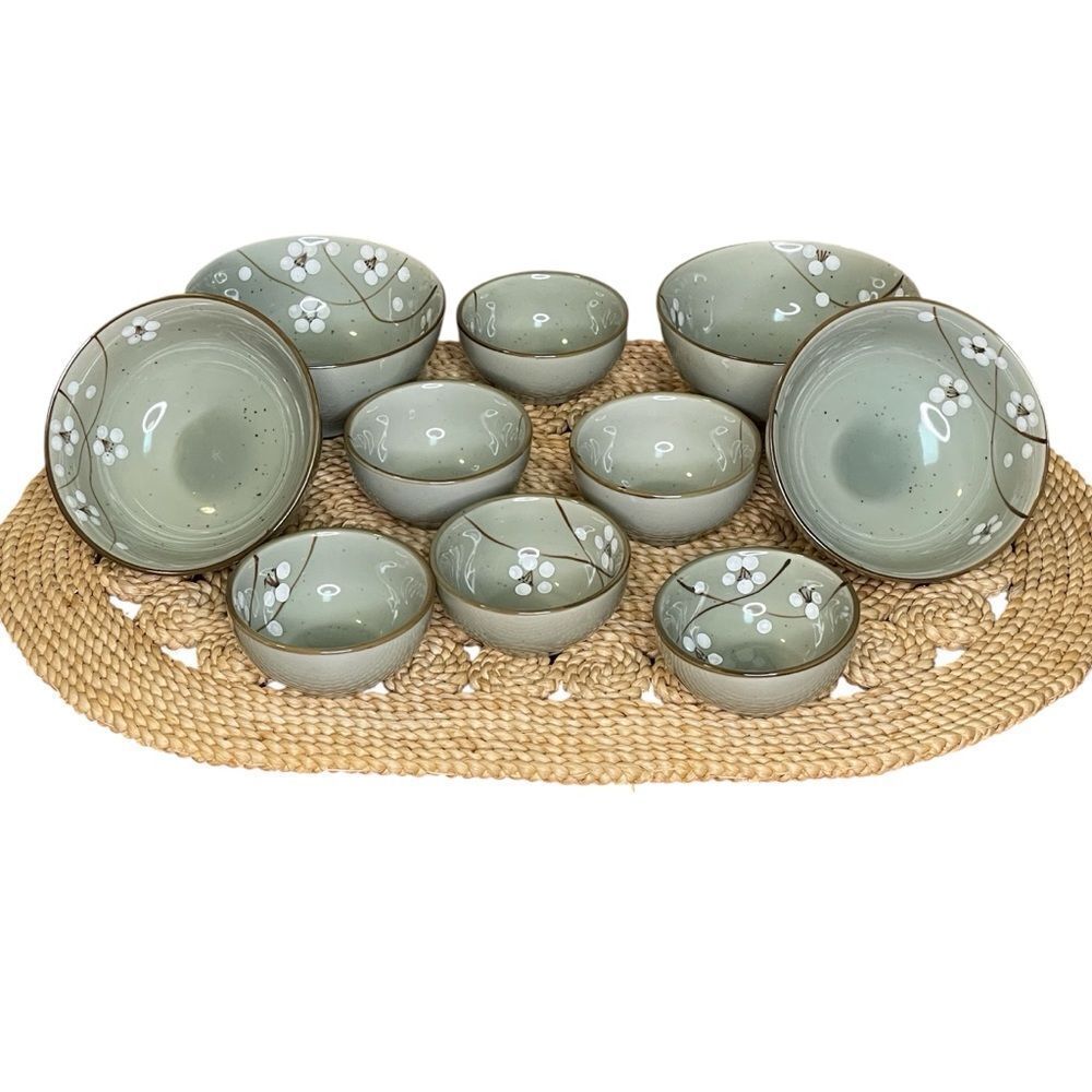 World Market Elegant Floral Soup and Dipping Sauce Bowls Set Celadon Green White